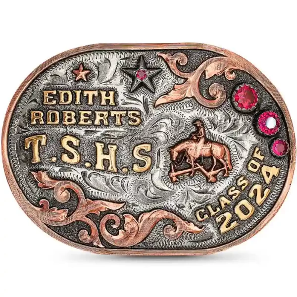 Introducing the Colt Belt Buckle, perfect for kids and Kindergarten graduations! Crafted on a hand-engraved German Silver base with a subtle antique finish, features a solid Copper edge and elegant Jeweler's Bronze lettering. Customize it for your futuro 